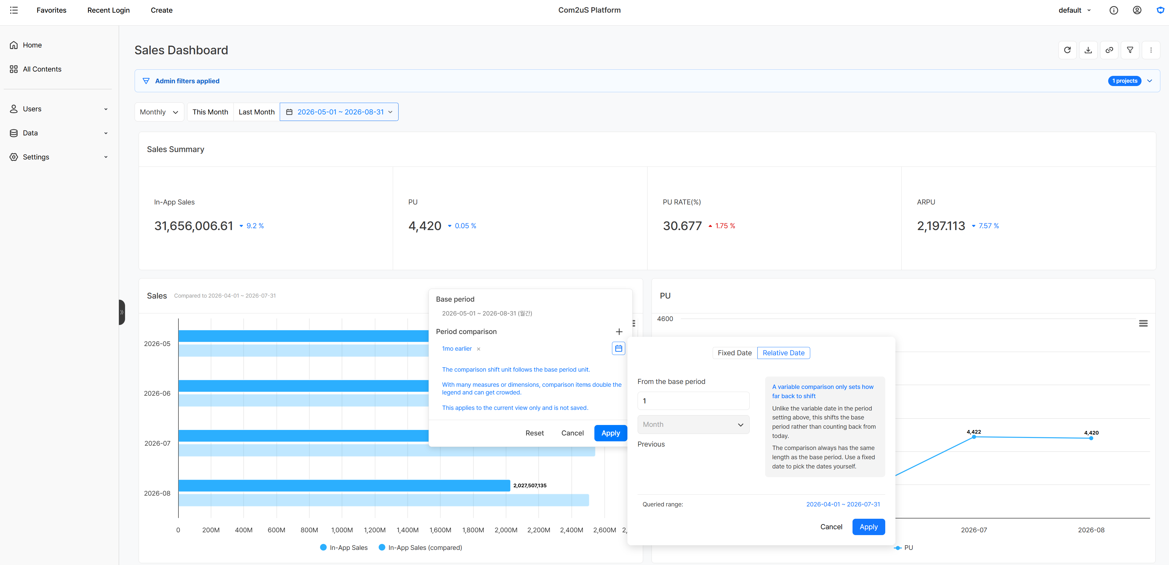 Screen for setting a comparison period 1 month before the base period on a chart in an operating revenue dashboard.