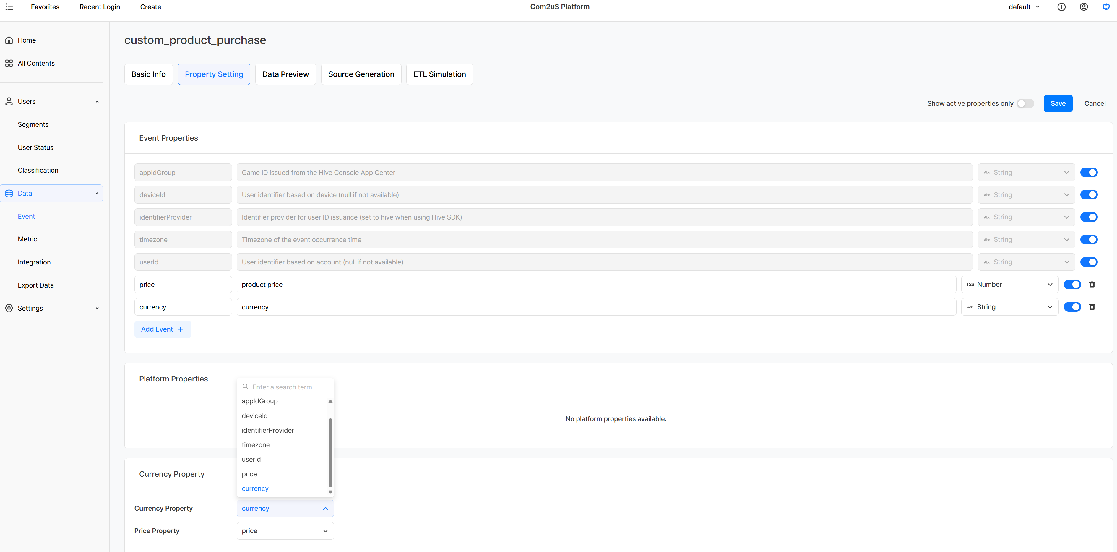 Custom event property settings screen for selecting a currency property and an amount property