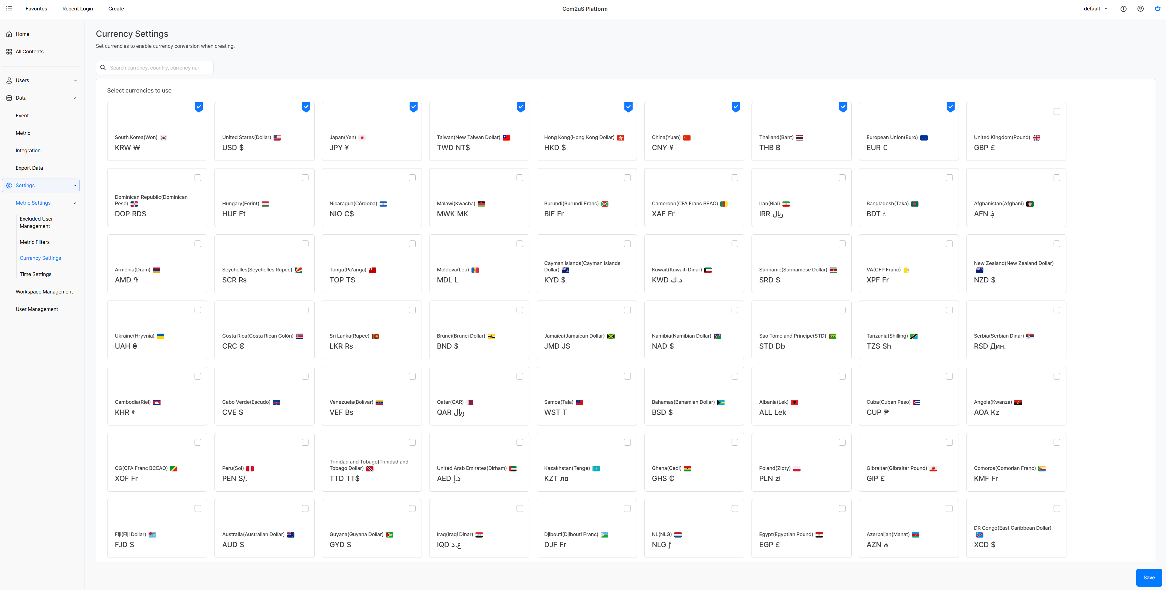 Currency Settings screen in Hive Analytics for selecting the currencies an organization will use